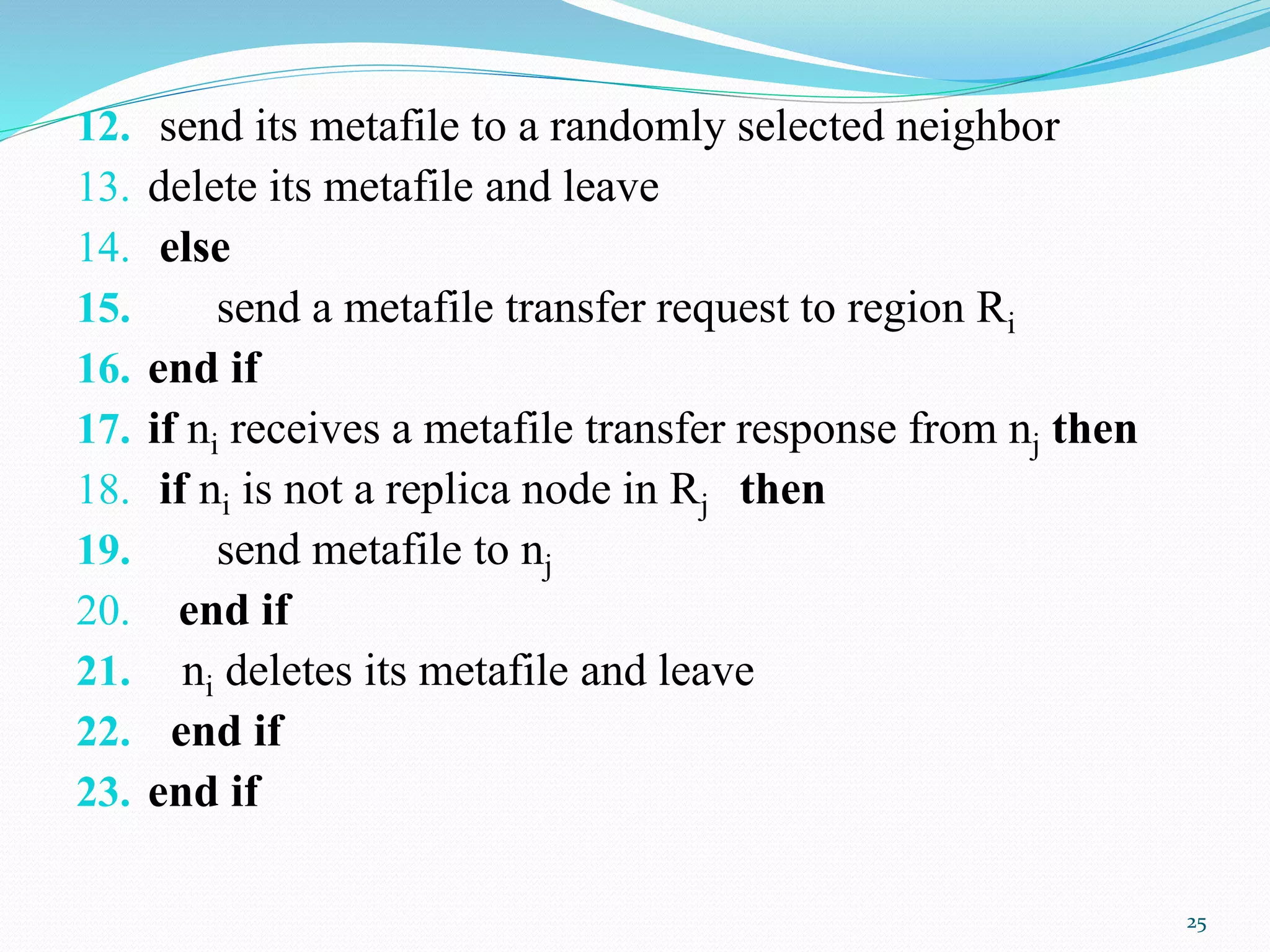 12. send its metafile to a randomly selected neighbor
13. delete its metafile and leave
14. else
15. send a metafile transfer request to region Ri
16. end if
17. if ni receives a metafile transfer response from nj then
18. if ni is not a replica node in Rj then
19. send metafile to nj
20. end if
21. ni deletes its metafile and leave
22. end if
23. end if
25
 