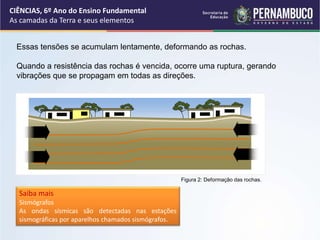 Essas tensões se acumulam lentamente, deformando as rochas.
Quando a resistência das rochas é vencida, ocorre uma ruptura, gerando
vibrações que se propagam em todas as direções.
Saiba mais
Sismógrafos
As ondas sísmicas são detectadas nas estações
sismográficas por aparelhos chamados sismógrafos.
CIÊNCIAS, 6º Ano do Ensino Fundamental
As camadas da Terra e seus elementos
Figura 2: Deformação das rochas.
 