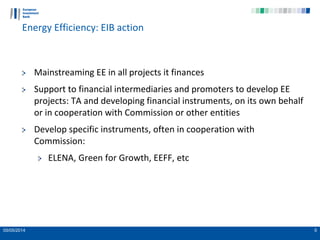 05/05/2014 5
Energy Efficiency: EIB action
Mainstreaming EE in all projects it finances
Support to financial intermediaries and promoters to develop EE
projects: TA and developing financial instruments, on its own behalf
or in cooperation with Commission or other entities
Develop specific instruments, often in cooperation with
Commission:
ELENA, Green for Growth, EEFF, etc
 