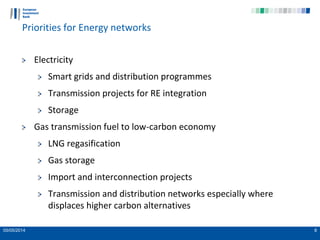 05/05/2014 8
Priorities for Energy networks
Electricity
Smart grids and distribution programmes
Transmission projects for RE integration
Storage
Gas transmission fuel to low-carbon economy
LNG regasification
Gas storage
Import and interconnection projects
Transmission and distribution networks especially where
displaces higher carbon alternatives
 