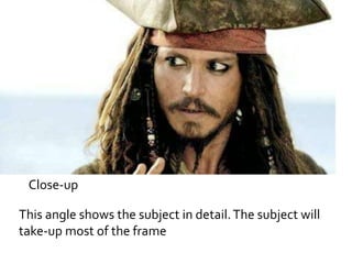 Close-up 
This angle shows the subject in detail. The subject will 
take-up most of the frame 
 