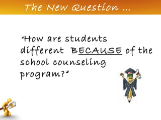 The New Question … “ How are students different  B ECAUSE  of the school counseling program?“ 
