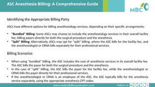 Follow us:
www.medicalbillersandcoders.com
ASC Anesthesia Billing: A Comprehensive Guide
Identifying the Appropriate Billing Party
ASCs have different options for billing anesthesiology services, depending on their specific arrangements:
• "Bundled" Billing: Some ASCs may choose to include the anesthesiology services in their overall facility
fee, billing payers directly for both the surgical procedure and the anesthesia.
• "Split" Billing: Alternatively, ASCs may opt for "split" billing, where the ASC bills for the facility fee, and
the anesthesiologist or CRNA bills separately for their professional services.
Billing Scenarios
• When using "bundled" billing, the ASC includes the cost of anesthesia services in its overall facility fee.
The ASC bills the payer for both the surgical procedure and the anesthesia.
• In the case of "split" billing, the ASC bills the payer for the facility fee, while the anesthesiologist or
CRNA bills the payer directly for their professional services.
• If the anesthesiologist or CRNA is an employee of the ASC, the ASC typically bills for the anesthesia
service separately, using the appropriate anesthesia CPT codes.
 