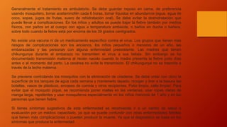 Generalmente el tratamiento es ambulatorio. Se debe guardar reposo en cama, de preferencia
usando mosquitero, tomar acetaminofén cada 6 horas, tomar líquidos en abundancia (agua, agua de
coco, sopas, jugos de frutas, suero de rehidratación oral). Se debe evitar la deshidratación que
puede llevar a complicaciones. En los niños y adultos se puede bajar la fiebre también por medios
físicos, con paños en el cuerpo con agua a temperatura ambiente, o baños en ducha o bañera,
sobre todo cuando la fiebre está por encima de los 39 grados centígrados.
No existe una vacuna ni de un medicamento específico contra el virus. Los grupos que tienen más
riesgos de complicaciones son los ancianos, los niños pequeños o menores de un año, las
embarazadas y las personas con alguna enfermedad preexistente. Las madres que tienen
chikungunya durante el embarazo no transmiten el virus a sus bebés. Sin embargo se ha
documentado transmisión materna al recién nacido cuando la madre presenta la fiebre justo días
antes o al momento del parto. La cesárea no evita la transmisión. El chikungunya no se trasmita a
través de la leche materna.
Se previene controlando los mosquitos con la eliminación de criaderos. Se debe untar con cloro la
superficie de los tanques de agua cada semana y mantenerlo tapado; recoger y tirar a la basura las
botellas, vasos de plásticos, envases de comida y otros recipientes. Patio limpio, calle limpia!. Para
evitar que el mosquito pique, se recomienda poner mallas en las ventanas, usar ropas claras de
manga larga, repelentes y usar mosquiteros especialmente en los niños menores de 1 año y en las
personas que tienen fiebre.
Si tienes síntomas sugestivos de esta enfermedad se recomienda ir a un centro de salud o
evaluación por un médico capacitado, ya que se puede confundir con otras enfermedades febriles
que tienen más complicaciones o pueden producir la muerte. Ya que el diagnóstico se basa en los
síntomas que produce la enfermedad.
 