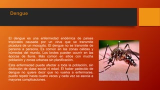 Dengue
El dengue es una enfermedad endémica de países
tropicales causada por un virus que se transmite
picadura de un mosquito. El dengue no se transmite de
persona a persona. Es común en las zonas cálidas y
húmedas del mundo. Los brotes pueden ocurrir en las
épocas de lluvia. Más común en sitios con mucha
población y zonas urbanas sin planificación.
Esta enfermedad puede afectar a toda la población, sin
distinción de clase social ni edad. El haber padecido de
dengue no quiere decir que no vuelva a enfermarse,
puedo repetir hasta cuatro veces y cada vez se asocia a
mayores complicaciones.
 