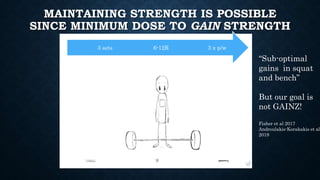 MAINTAINING STRENGTH IS POSSIBLE
SINCE MINIMUM DOSE TO GAIN STRENGTH
3 x p/w
6-12R
3 sets
“Sub-optimal
gains in squat
and ...