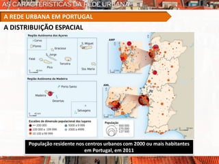 População residente nos centros urbanos com 2000 ou mais habitantes
em Portugal, em 2011
A REDE URBANA EM PORTUGAL
A DISTRIBUIÇÃO ESPACIAL
 