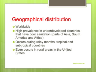 Geographical distribution
 Worldwide
 High prevalence in underdeveloped countries
that have poor sanitation (parts of Asia, South
America and Africa)
 Occurs during rainy months, tropical and
subtropical countries
 Even occurs in rural areas in the United
States
Aasifibrahim786
 