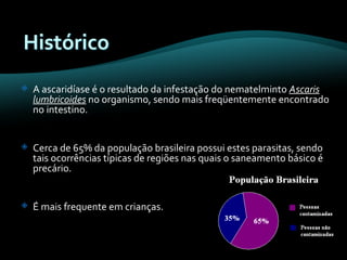 A ascaridíase é o resultado da infestação do nematelminto  Ascaris lumbricoides  no organismo, sendo mais freqüentemente encontrado no intestino.  Cerca de 65% da população brasileira possui estes parasitas, sendo tais ocorrências típicas de regiões nas quais o saneamento básico é precário. É mais frequente em crianças. 