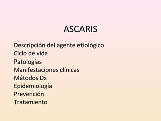 ASCARIS
Descripción del agente etiológico
Ciclo de vida
Patologías
Manifestaciones clínicas
Métodos Dx
Epidemiología
Prevención
Tratamiento
 