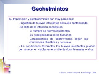 Geohelmintos
Su transmisión y establecimiento son muy parecidos:
        - Ingestión de huevos infectantes del suelo contaminado.
        - El éxito de la infección consiste en.
                 -El número de huevos infectantes
                 -Su accesibilidad a seres humanos
                 -Características de sobrevivencia según las
                  condiciones climáticas y del suelo.
        - En condiciones favorables los huevos infectantes pueden
        permanecer en viables en el ambiente durante meses o años.




                                      Flisser A, Perez Tamayo R. Parasitología..2006
 