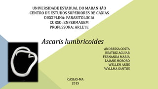 UNIVERSIDADE ESTADUAL DO MARANHÃO
CENTRO DE ESTUDOS SUPERIORES DE CAXIAS
DISCIPLINA: PARASITOLOGIA
CURSO: ENFERMAGEM
PROFESSORA: ARLETE
Ascaris lumbricoides
ANDRESSA COSTA
BEATRIZ AGUIAR
FERNANDA MARIA
LAIANE MORORÓ
WELLEN ASSIS
WYLLMA SANTOS
CAXIAS-MA
2015
 