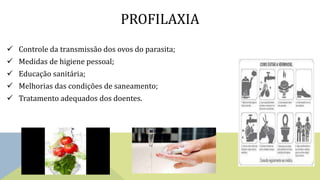 PROFILAXIA
 Controle da transmissão dos ovos do parasita;
 Medidas de higiene pessoal;
 Educação sanitária;
 Melhorias das condições de saneamento;
 Tratamento adequados dos doentes.
 