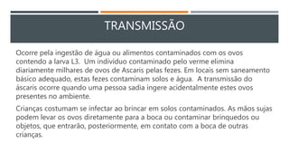 TRANSMISSÃO
Ocorre pela ingestão de água ou alimentos contaminados com os ovos
contendo a larva L3. Um indivíduo contaminado pelo verme elimina
diariamente milhares de ovos de Ascaris pelas fezes. Em locais sem saneamento
básico adequado, estas fezes contaminam solos e água. A transmissão do
áscaris ocorre quando uma pessoa sadia ingere acidentalmente estes ovos
presentes no ambiente.
Crianças costumam se infectar ao brincar em solos contaminados. As mãos sujas
podem levar os ovos diretamente para a boca ou contaminar brinquedos ou
objetos, que entrarão, posteriormente, em contato com a boca de outras
crianças.
 