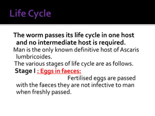 The worm passes its life cycle in one host
and no intermediate host is required.
Man is the only known definitive host of Ascaris
lumbricoides.
The various stages of life cycle are as follows.
Stage I : Eggs in faeces:
Fertilised eggs are passed
with the faeces they are not infective to man
when freshly passed.
 
