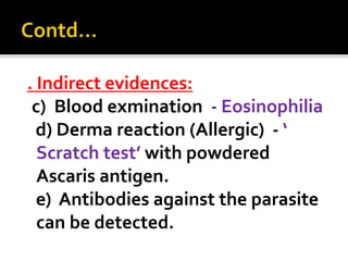 . Indirect evidences:
c) Blood exmination - Eosinophilia
d) Derma reaction (Allergic) - ‘
Scratch test’ with powdered
Ascaris antigen.
e) Antibodies against the parasite
can be detected.
 