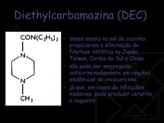 Diethylcarbamazina (DEC) doses anuais no sal de cozinha propiciaram a eliminação da filaríase linfática no Japão, Taiwan, Coréia do Sul e China.  não pode ser empregada indiscriminadamente em regiões endêmicas de oncocercose já que, em casos de infecções massivas, pode produzir ceratite e cegueira 