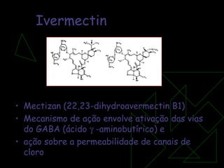 Ivermectin Mectizan (22,23-dihydroavermectin B1) Mecanismo de ação envolve ativação das vias do  GABA (ácido    -aminobutírico) e ação sobre a permeabilidade de canais de cloro 