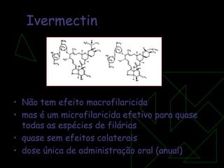 Ivermectin Não tem efeito macrofilaricida mas é um microfilaricida efetivo para quase todas as espécies de filárias quase sem efeitos colaterais dose única de administração oral (anual) 