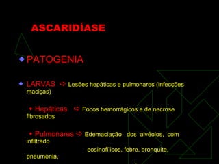 ASCARIDÍASE PATOGENIA  LARVAS     Lesões hepáticas e pulmonares (infecções maciças)    Hepáticas     Focos hemorrágicos e de necrose fibrosados    Pulmonares     Edemaciação  dos  alvéolos,  com infiltrado eosinofílicos, febre, bronquite,  pneumonia, tosse. 