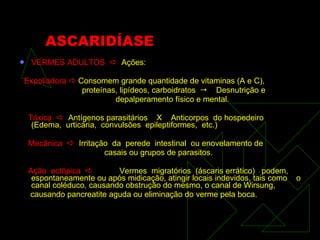 ASCARIDÍASE VERMES ADULTOS     Ações: Expoliadora     Consomem grande quantidade de vitaminas (A e C), proteínas, lipídeos, carboidratos     Desnutrição e depalperamento físico e mental. Tóxica     Antígenos parasitários  X  Anticorpos  do hospedeiro  (Edema,  urticária,  convulsões  epileptiformes,  etc.) Mecânica     Irritação  da  perede  intestinal  ou enovelamento de casais ou grupos de parasitos. Ação   ectópica     Vermes  migratórios  (áscaris errático)  podem, espontaneamente ou após midicação, atingir locais indevidos, tais como  o canal coléduco, causando obstrução do mesmo, o canal de Wirsung, causando pancreatite aguda ou eliminação do verme pela boca. 