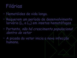 Filárias Nematóides de vida longa.  Requerem um período de desenvolvimento larvário (L 1  a L 3 ) em insetos hematófagos Portanto,  não há crescimento populacional dentro do vetor A picada do vetor inicia a nova infecção humana. 