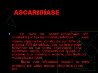 ASCARIDÍASE Os  ovos  do  Ascaris  lumbricoides  são  envolvidos por três membranas protetoras:  uma interna, impermeável, constituída  por  25%  de proteína, 75% de lipídeos,  que  confere grande resistência  ao  ovo  contra  dessecação;  uma  membrana  média,  constituída  por  quitina  e proteínas  e  a  membrana  externa, constituída por mucopolissacarídeos. Esses  ovos  infectantes  resistem  no  meio  ambiente  por  vários  meses,  talvez mais de um ano. 