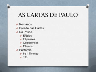 AS CARTAS DE PAULO
O Romanos
O Divisão das Cartas
O Da Prisão
O Efésios
O Filipenses
O Colossenses
O Filemon
O Pastorais
O I e II Timóteo
O Tito
 