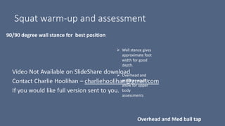 Squat warm-up and assessment
90/90 degree wall stance for best position
Overhead and Med ball tap
 Wall stance gives
approximate foot
width for good
depth.
 Overhead and
prisoner squats
allow for upper
body
assessments
 