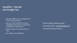 Deadlifts – Hex Bar
and Straight bar
Minimal difference in strength gain in
hamstrings and glutes.
Hex bar little friendlier for rookie
deadlifters especially if a relaxed but
straight leg is emphasized.
Hex bar keeps line of pull closer to
hips.
Her 5RM is around 300 lbs.
 