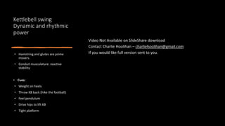Kettlebell swing
Dynamic and rhythmic
power
• Hamstring and glutes are prime
movers.
• Conduit musculature: reactive
stability
• Cues:
• Weight on heels
• Throw KB back (hike the football)
• Feel pendulum
• Drive hips to lift KB
• Tight platform
 