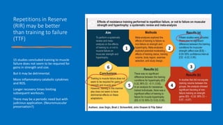 Repetitions in Reserve
(RIR) may be better
than training to failure
(TTF)
15 studies concluded training to muscle
failure does not seem to be required for
gains in strength and size.
But it may be detrimental.
More inflammatory catabolic cytokines
and ROS.
Longer recovery times limiting
subsequent workouts.
There may be a periodic need but with
judicious application. (Neuromuscular
preservation?)
 