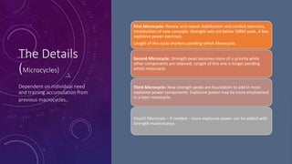 The Details
(Microcycles)
Dependent on individual need
and training accumulation from
previous macrocycles.
First Microcycle: Review and repeat stabilization and conduit exercises,
introduction of new concepts. Strength sets are below 10RM peak. A few
explosive power exercises
Length of this cycle shortens pending which Mesocycle.
Second Microcycle: Strength peak becomes more of a priority while
other components are retained. Length of this one is longer pending
which mesocycle.
Third Microcycle: New strength peaks are foundation to add in more
explosive power components. Explosive power may be more emphasized
in a later mesocycle.
Fourth Microcyle – if needed – more explosive power can be added with
strength maintenance.
 