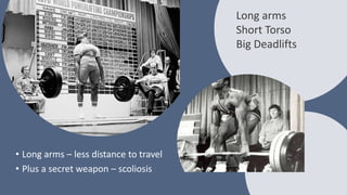 • Long arms – less distance to travel
• Plus a secret weapon – scoliosis
Long arms
Short Torso
Big Deadlifts
 