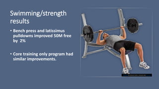 Swimming/strength
results
• Bench press and latissimus
pulldowns improved 50M free
by 2%
• Core training only program had
similar improvements.
This Photo by Unknown Author is licensed under CC BY-NC
 