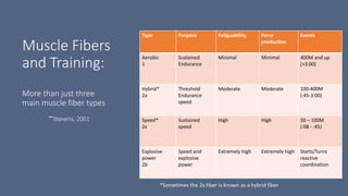 Muscle Fibers
and Training:
More than just three
main muscle fiber types
-Stevens, 2001
Type Purpose Fatiguability Force
production
Events
Aerobic
1
Sustained
Endurance
Minimal Minimal 400M and up
(>3:00)
Hybrid*
2a
Threshold
Endurance
speed
Moderate Moderate 100-400M
(:45-3:00)
Speed*
2x
Sustained
speed
High High 50 – 100M
(:08 - :45)
Explosive
power
2b
Speed and
explosive
power
Extremely high Extremely high Starts/Turns
reactive
coordination
*Sometimes the 2x fiber is known as a hybrid fiber
 