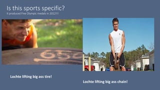 Is this sports specific?
It produced Five Olympic medals in 2012!!!
Lochte lifting big ass tire!
Lochte lifting big ass chain!
 