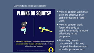 Contextual conduit sidebar
• Moving conduit work may
be more effective than
stable or isolated “core”
work.
• Moving conduit work
forces the body to
stabilize centrally to move
effectively in the
periphery
• Plank may be swim
contextual in this case,
but peripheral movement
would improve context
 