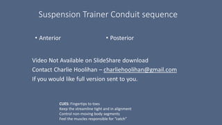 Suspension Trainer Conduit sequence
• Anterior • Posterior
CUES: Fingertips to toes
Keep the streamline tight and in alignment
Control non-moving body segments
Feel the muscles responsible for “catch”
 