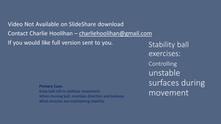 Stability ball
exercises:
Controlling
unstable
surfaces during
movement
Primary Cues:
Keep ball still to stabilize movement
When moving ball, maintain direction and balance.
What muscles are maintaining stability
 