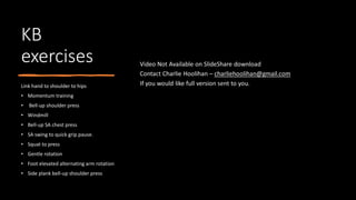 KB
exercises
Link hand to shoulder to hips
• Momentum training
• Bell-up shoulder press
• Windmill
• Bell-up SA chest press
• SA swing to quick grip pause.
• Squat to press
• Gentle rotation
• Foot elevated alternating arm rotation
• Side plank bell-up shoulder press
 