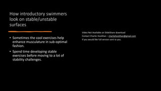 How introductory swimmers
look on stable/unstable
surfaces
• Sometimes the cool exercises help
enhance musculature in sub-optimal
fashion.
• Spend time developing stable
exercises before moving to a lot of
stability challenges.
 