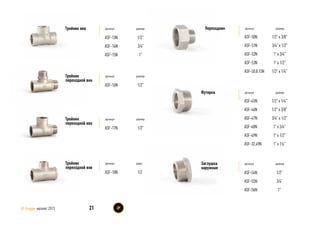артикул размер
ASF-50N
ASF-51N
ASF-52N
ASF-53N
ASF-50.8.15N
1/2” х 3/8”
3/4” х 1/2”
1” х 3/4”
1” х 1/2”
1/2” х 1/4”
Переходникартикул размер
ASF-13N
ASF-14N
ASF-15N
1/2”
3/4”
1”
Тройник ввв
21AS Gruppe каталог 2013
артикул размер
ASF-17N 1/2”
Тройник
переходной ввн
артикул размер
ASF-18N 1/2”
Тройник
переходной внв
артикул размер
ASF-16N 1/2”
Тройник
переходной внн
артикул размер
ASF-45N
ASF-46N
ASF-47N
ASF-48N
ASF-49N
ASF-32.49N
1/2” х 1/4”
1/2” х 3/8”
3/4” х 1/2”
1” х 3/4”
1” х 1/2”
1” х 1¼”
Футорка
артикул размер
ASF-54N
ASF-55N
ASF-56N
1/2”
3/4”
1”
Заглушка
наружная
 