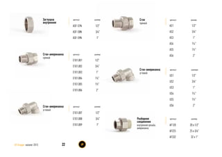 артикул размер
ASF-57N
ASF-58N
ASF-59N
1/2”
3/4”
1”
Заглушка
внутренняя
артикул размере
US1
US2
US3
US4
US5
US6
1/2”
3/4”
1”
1¼”
1½”
2”
Сгон-американка
угловой
артикул размер
E101.007
E101.008
E101.009
1/2”
3/4”
1”
Сгон-американка
угловой
артикул размер
AS1
AS2
AS3
AS4
AS5
AS6
1/2”
3/4”
1”
1¼”
1½”
2”
Сгон
прямой
артикул размер
E101.001
E101.002
E101.003
E101.004
E101.005
E101.006
1/2”
3/4”
1”
1¼”
1½”
2”
Сгон-американка
прямой
22AS Gruppe каталог 2013
артикул размер
AF120
AF225
AF332
20 x 1/2”
25 x 3/4”
32 x 1”
Разборное
соединение
внутренняя резьба,
американка
 