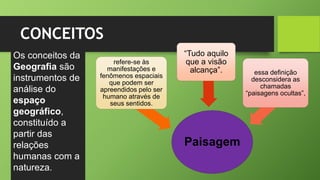 CONCEITOS
Os conceitos da
Geografia são
instrumentos de
análise do
espaço
geográfico,
constituído a
partir das
relações
humanas com a
natureza.
Paisagem
refere-se às
manifestações e
fenômenos espaciais
que podem ser
apreendidos pelo ser
humano através de
seus sentidos.
“Tudo aquilo
que a visão
alcança”. essa definição
desconsidera as
chamadas
“paisagens ocultas”,
 