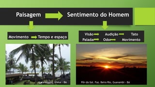Paisagem Sentimento do Homem
Movimento Tempo e espaço
Visão Audição Tato
Paladar Odor Movimento
Itacarezinho, Ilhéus - BA Pôr-do-Sol. Faz. Beira Rio, Guanambi - BA
 