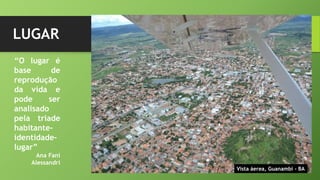 LUGAR
Vista áerea, Guanambi - BA
“O lugar é
base de
reprodução
da vida e
pode ser
analisado
pela tríade
habitante-
identidade-
lugar”
Ana Fani
Alessandri
 