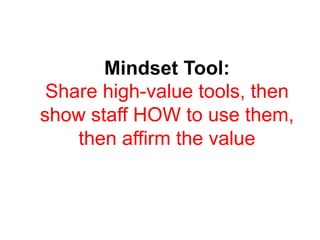 Mindset Tool:
Share high-value tools, then
show staff HOW to use them,
then affirm the value
 