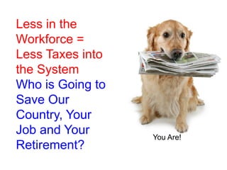 Less in the
Workforce =
Less Taxes into
the System
Who is Going to
Save Our
Country, Your
Job and Your
Retirement?
You Are!
 