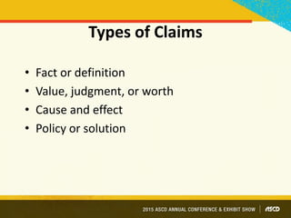 Types of Claims
• Fact or definition
• Value, judgment, or worth
• Cause and effect
• Policy or solution
 